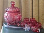 CRANBERRY CUT GLASS PUNCH SET F22